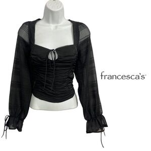 Francesca’s Audrey Parks Ruched Sheer Long Sleeve Square Neck Blouse Black - M